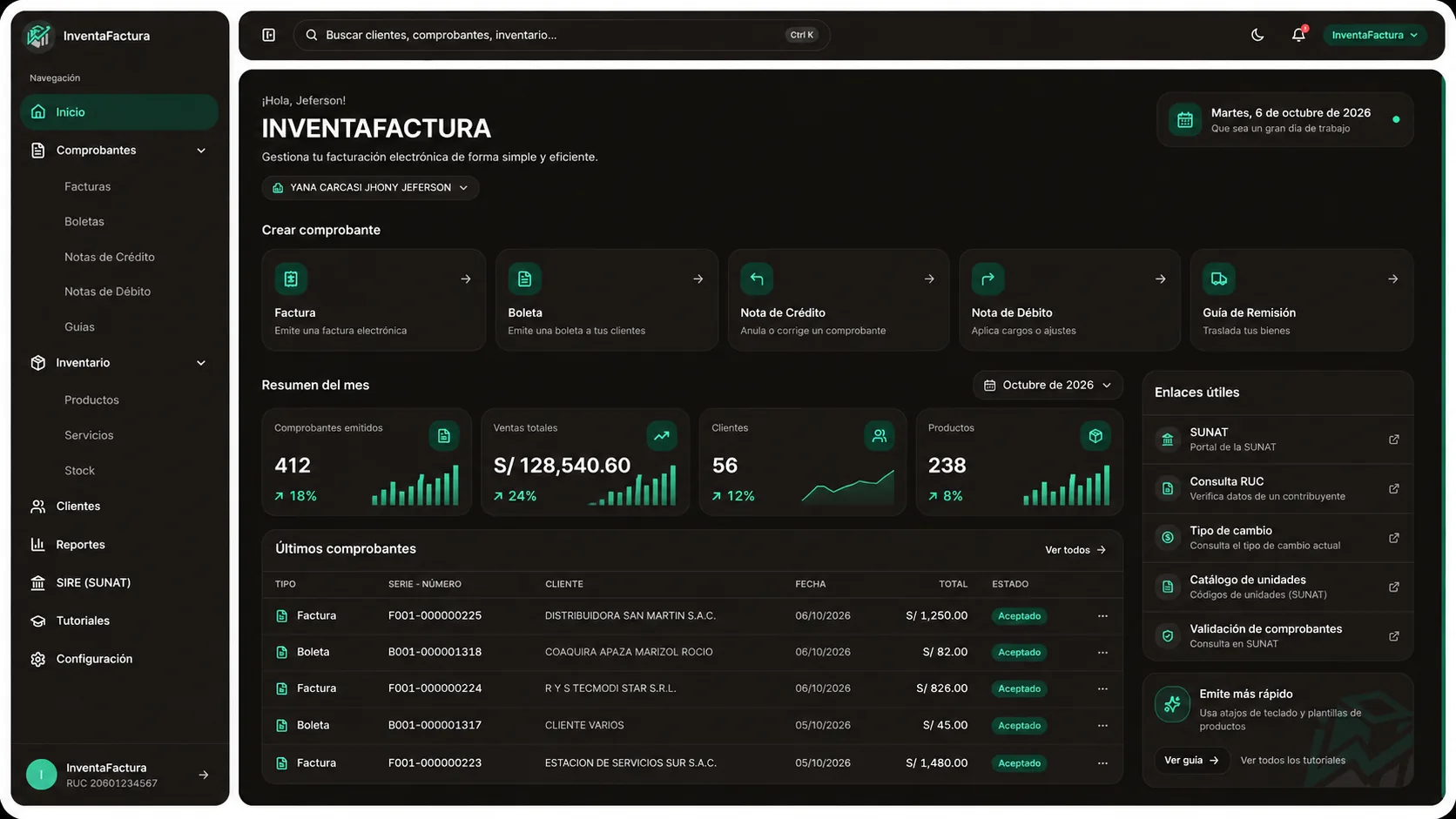 Panel de InventaFactura en modo oscuro: comprobantes, resumen del mes y últimos comprobantes emitidos