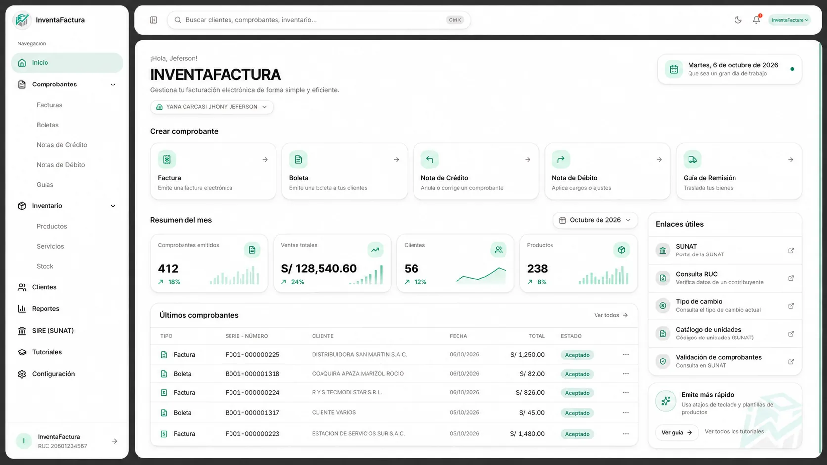 Panel de InventaFactura: comprobantes, resumen del mes y últimos comprobantes emitidos